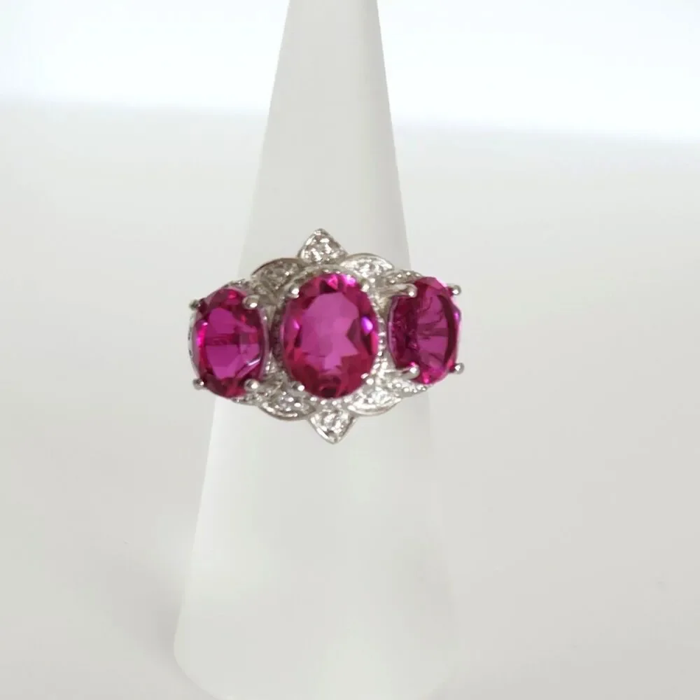 Pink Quartz Triplet Ring with White Zircon Size 6